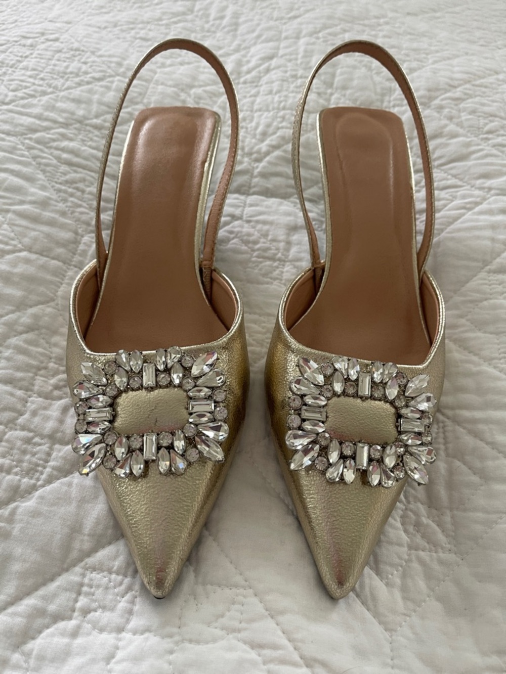 Crystal-Embellished Gold Slingback Heels